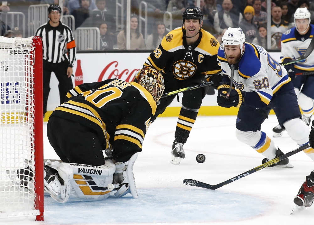 Boston Bruins goaltender Tuukka Rask (40) makes a save on St. Louis Blues center Ryan O'Reilly (90) during the second period at TD Garden, Boston, MA, USA, on Saturday. — Reuters