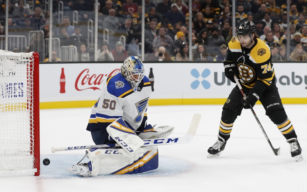 Boston Bruins goaltender Tuukka Rask (40) makes a save on St. Louis Blues center Ryan O'Reilly (90) during the second period at TD Garden, Boston, MA, USA, on Saturday. — Reuters