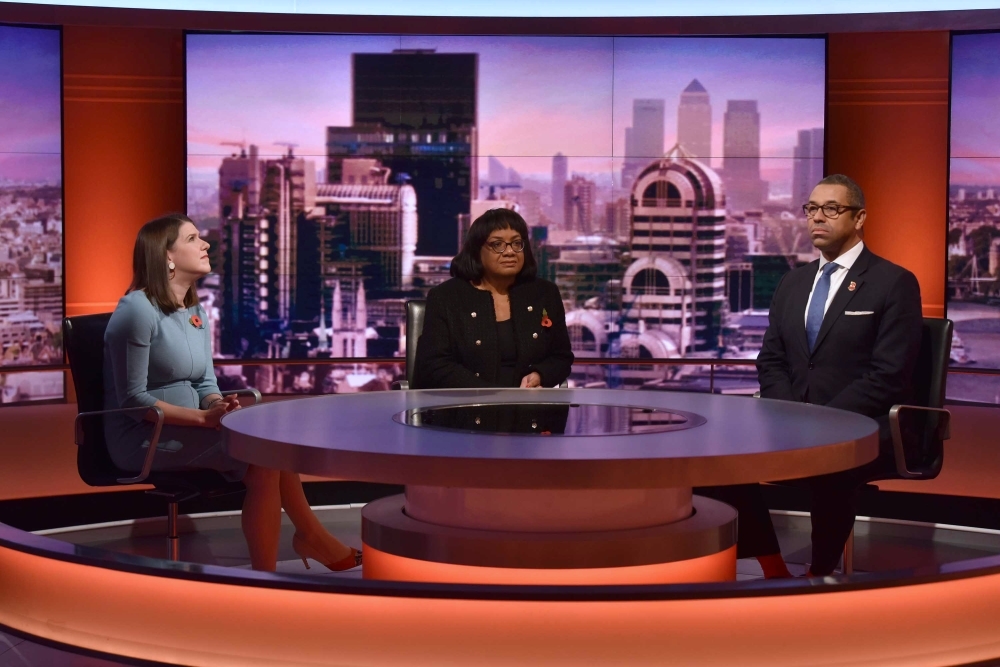 In a handout picture released by the BBC, Liberal Democrat leader Jo Swinson (L), Britain's main opposition Labour Party shadow Home Secretary Dianne Abbott (C) and Britain's Minister without Portfolio and Conservative Party Chairman James Cleverly (R) appear on the BBC political programme The Andrew Marr Show in London on Sunday. — AFP