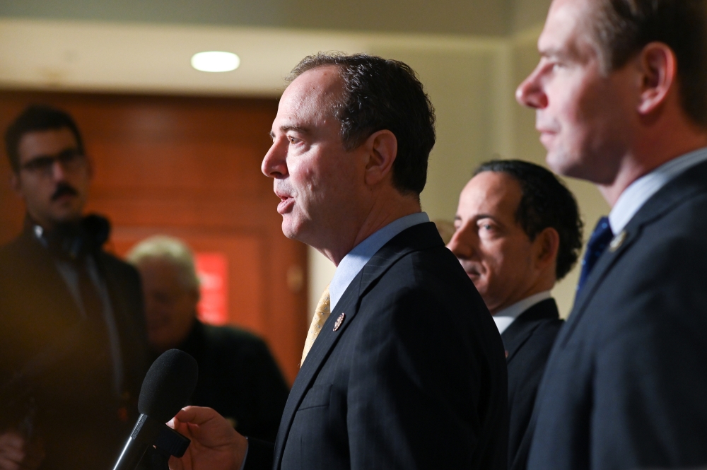 U.S. House Intelligence Committee Chair Rep. Adam Schiff (D-CA) speaks to reporters during a break in a closed-door deposition of U.S. Ambassador to the European Union Gordon Sondland as part of the U.S. House of Representatives impeachment inquiry into U.S. President Trump  on Capitol Hill in Washington on Monday. -Reuters