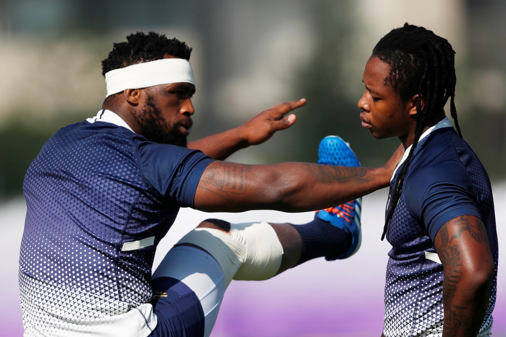 South Africa's Siya Kolisi and S'busiso Nkosi during training at the Arcs Urayasu Park, Urayasu, Chiba, Japan, on Friday. — Reuters