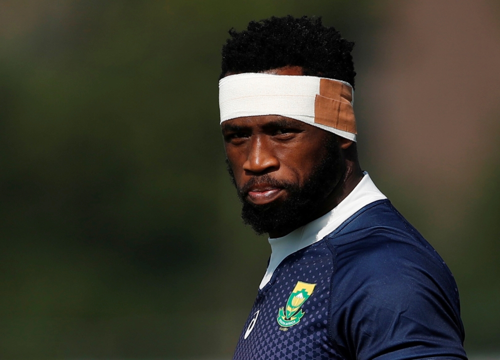 South Africa's Siya Kolisi and S'busiso Nkosi during training at the Arcs Urayasu Park, Urayasu, Chiba, Japan, on Friday. — Reuters