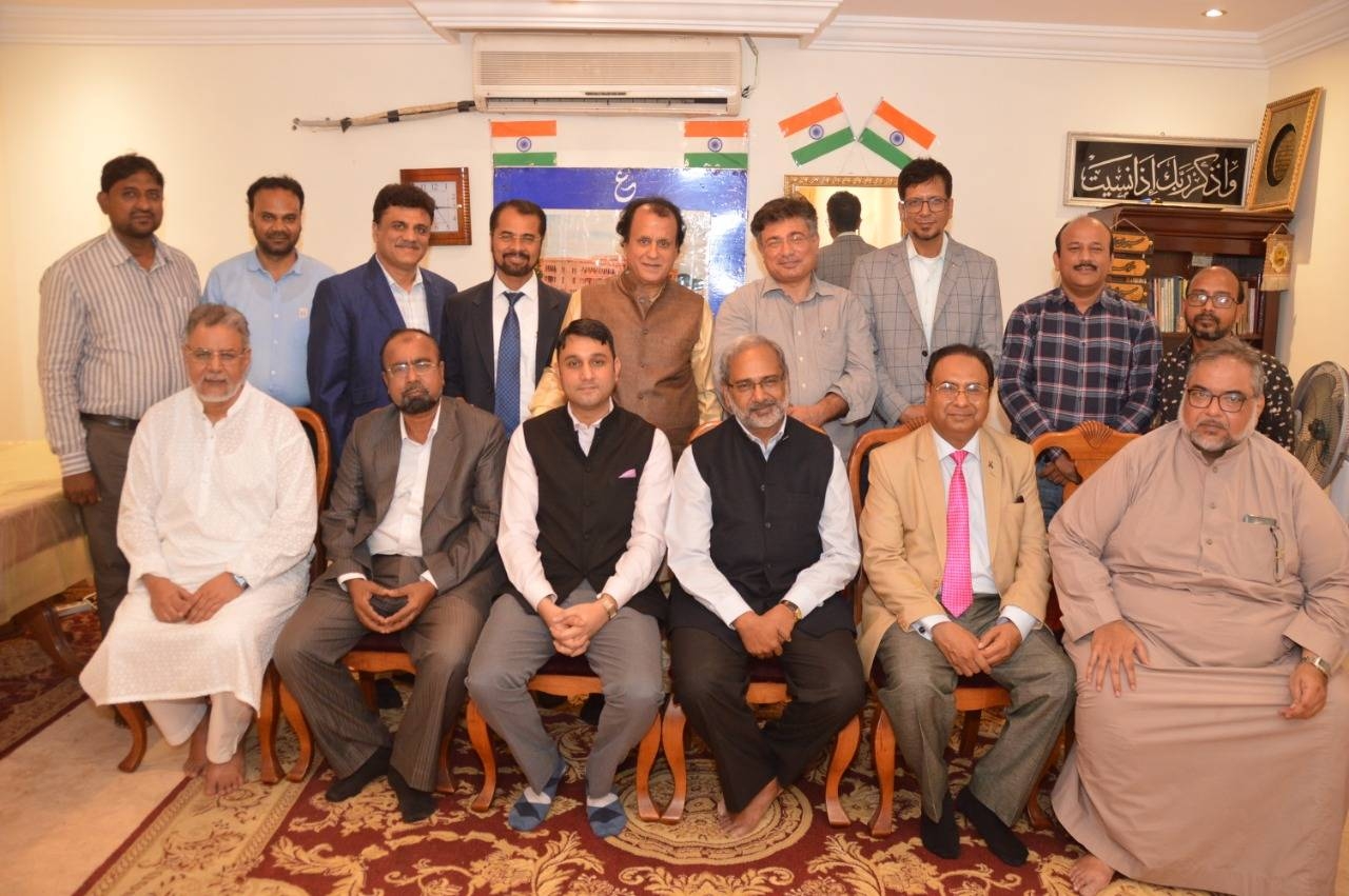 A group photo of the participants at the ICSJ and Bazm-e-Osmania welcome for the Indian diplomat.
