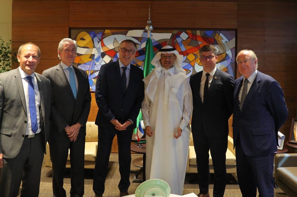 Prince Abdulaziz Bin Salman, minister of energy, with the French delegation in Jeddah, Monday. — SPA