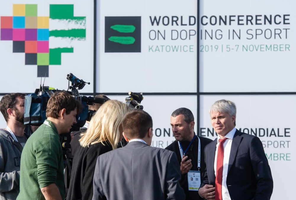 Russian Sport Minister Pavel Kolobkov (R) gives an interview on the sidelines of a conference of the World Anti-Doping Agency (WADA) in Katowice, Poland, on Wednesday. Russia's anti-doping tzar Yuri Ganus blasted the 