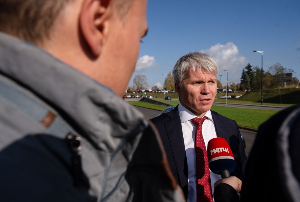 Russian Sport Minister Pavel Kolobkov (R) gives an interview on the sidelines of a conference of the World Anti-Doping Agency (WADA) in Katowice, Poland, on Wednesday. Russia's anti-doping tzar Yuri Ganus blasted the 