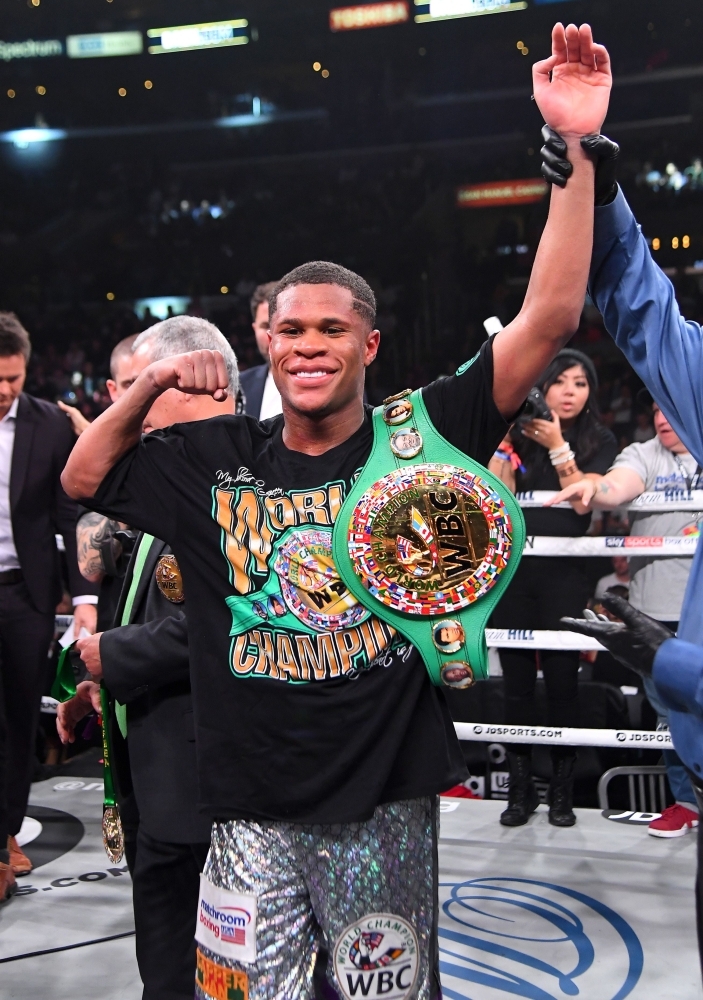 Devan Haney in the ring after defeating Alfredo Santiago-Alvarez in their WBC World Lightweight Championship fight at Staples Center in Los Angeles, California on Saturday. Haney won by unanimous decision. — AFP