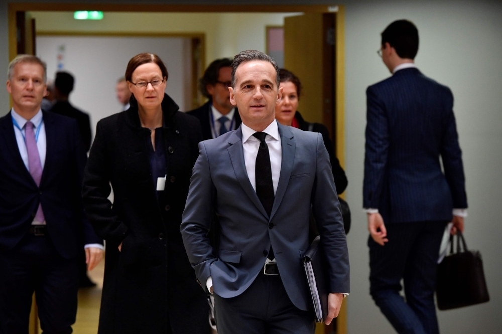 German Foreign Minister Heiko Maas arrives for an EU foreign ministers and senior officials meeting at the EU headquarters in Brussels on Monday. — AFP