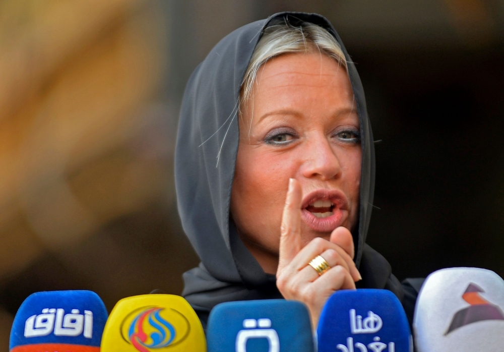 Jeanine Hennis-Plasschaert, UN Special Representative for Iraq and Head of the United Nations Assistance Mission for Iraq (UNAMI), speaks during a press conference following a meeting with Iraqi Shiite cleric Grand Ayatollah Ali Sistani in Iraq's holy city of Najaf on Monday. — AFP