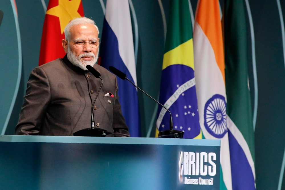 India's Prime Minister Narendra Modi speaks during the BRICS Business Council prior to the 11th edition of the BRICS Summit, in Brasilia, on Wednesday. — AFP