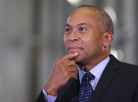 (Boston, MA - 10/9/14) Gov. Deval Patrick listens during a speaking program at MassCEC's Wind Technology Testing Center in Charlestown, Thursday, October 09, 2014. Staff photo by Angela Rowlings. 