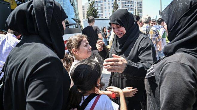 This Aug. 6, 2019 file photo shows families parting in Istanbul as a refugee boards a bus heading back to Syria. — AFP