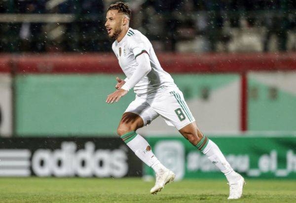 Algeria's Youcef Belaili celebrates scoring his side's third goal during the 2021 Africa Cup of Nations qualifying Group H soccer match between Algeria and Zambia at the Mustapha Tchaker Stadium. — AFP