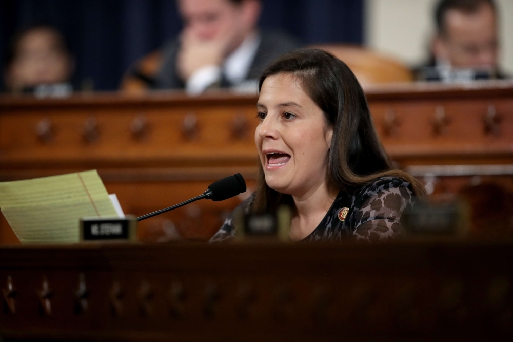 Rep. Elise Stefanik questions Lt. Col. Alexander Vindman, National Security Council Director for European Affairs, and Jennifer Williams, adviser to Vice President Mike Pence for European and Russian as they testify before the House Intelligence Committee in the Longworth House Office Building on Capitol Hill in Washington on Tuesday. — AFP
