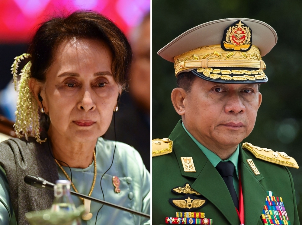 Myanmar State Counselor Aung San Suu Kyi, left, and Myanmar military chief Senior General Min Aung Hlaing are seen in this file combination photo. — AFP