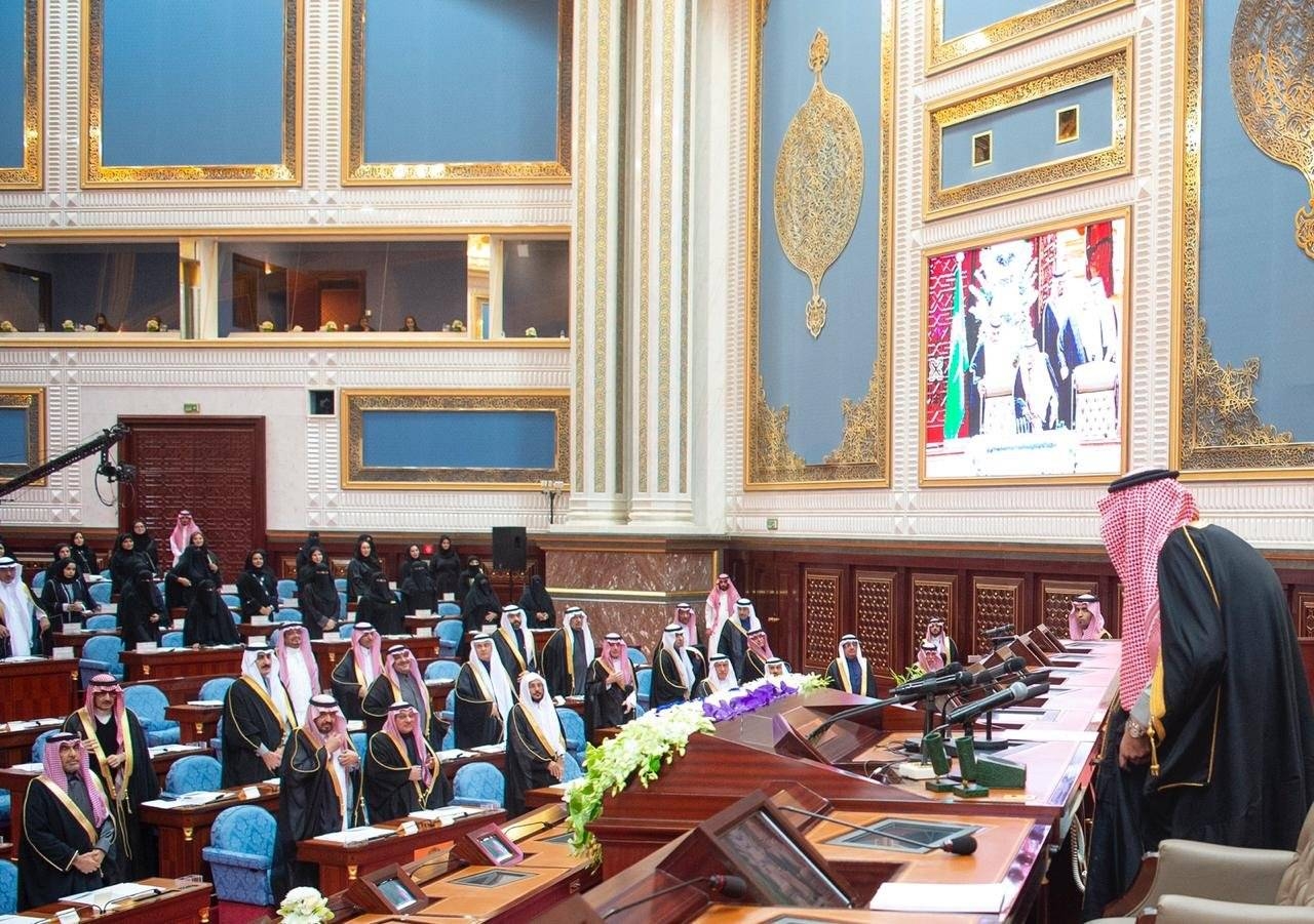 Custodian of the Two Holy Mosques King Salman, Crown Prince Muhammad Bin Salman, deputy premier and minister of defense, Shoura President Sheikh Abdullah Al-Asheikh prior to the Inauguration of the 7th session of the Shoura Council in Riyadh on Wednesday.