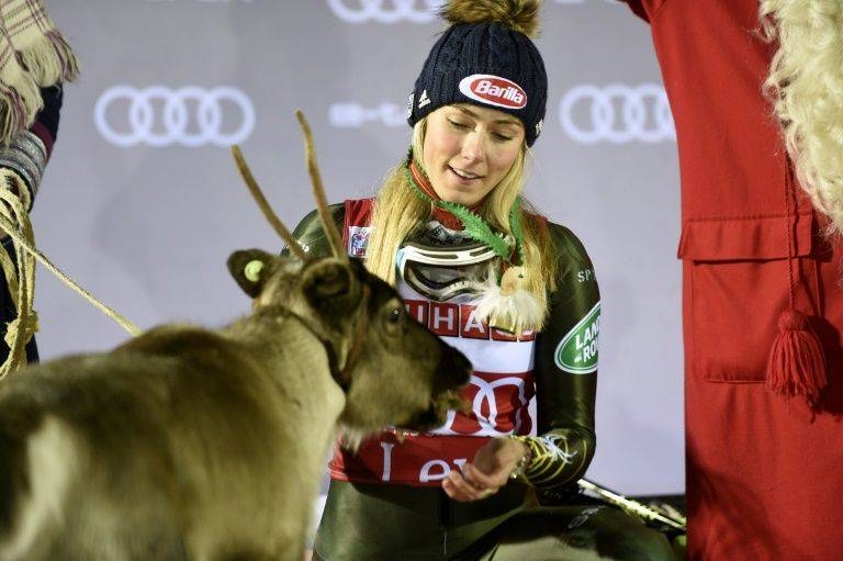 American superstar Mikaela Shriffin secured a record-breaking fourth slalom World Cup win at Levi and fed it lichen at the presentation, on Saturday. — AFP
