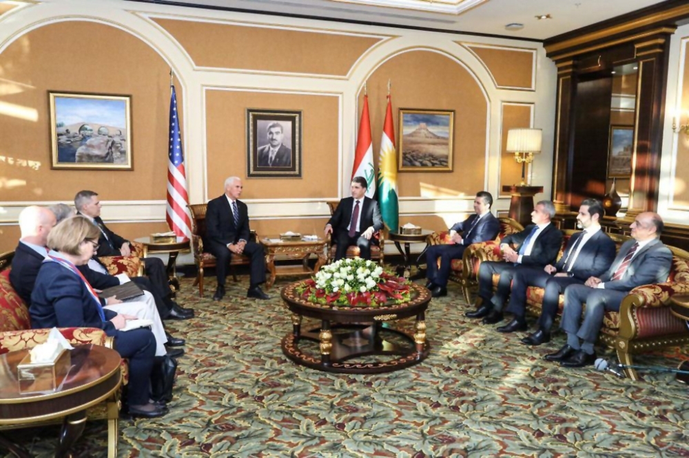 This handout photograph released by the Kurdistan Regional Government (KRG) on Saturday shows US Vice President Mike Pence (C-L) meeting with Iraqi Kurdish Region President Nechirvan Barzani (C-R) in Arbil, the capital of the autonomous Kurdish region of northern Iraq. -AFP