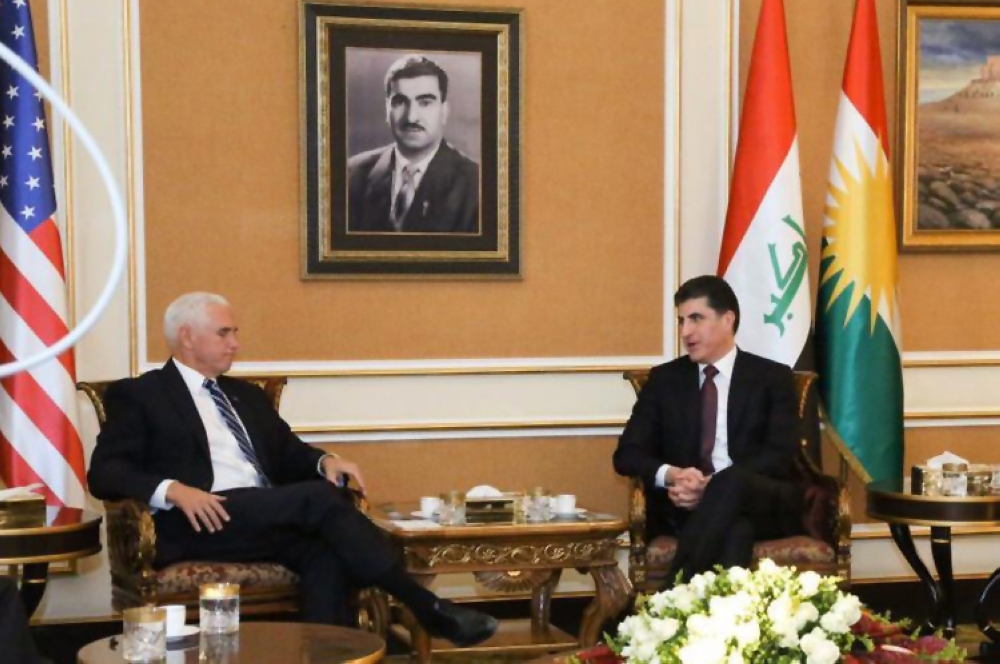 This handout photograph released by the Kurdistan Regional Government (KRG) on Saturday shows US Vice President Mike Pence (C-L) meeting with Iraqi Kurdish Region President Nechirvan Barzani (C-R) in Arbil, the capital of the autonomous Kurdish region of northern Iraq. -AFP