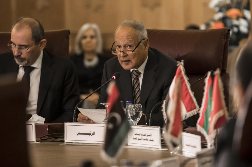 Foreign Minister Faisal Bin Farhan (C) attends an emergency meeting at the Arab League headquarters in the Egyptian capital Cairo, on Monday, to discuss the US decision to no longer consider Israeli settlements in Palestinian Territories illegal. — AFP