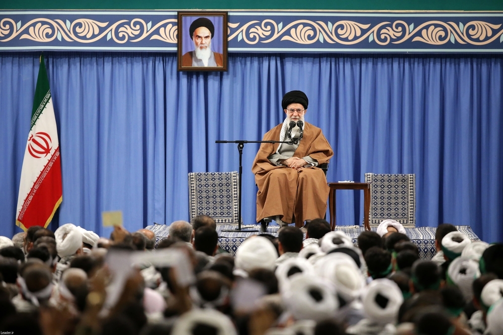 Iran's Supreme leader Ayatollah Ali Khamenei, center, is seen during a meeting with members of the Basij, a militia loyal to the Islamic republic's establishment, on the occasion of the 