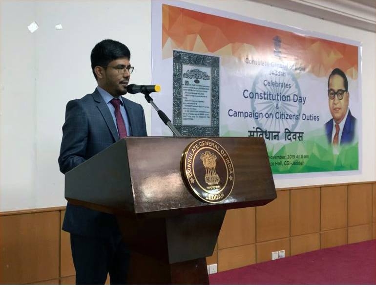 Consul General Noor Rahman Sheikh at reading of the preamble in Hindi and English with the staff of the consulate