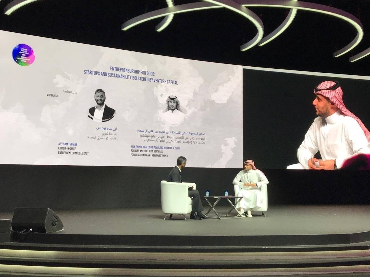 Prince Khaled Bin Alwaleed Bin Talal, founder and chief executive officer of KBW Ventures, being interviewed the 2019 Sharjah Entrepreneurship Festival (SEF). 