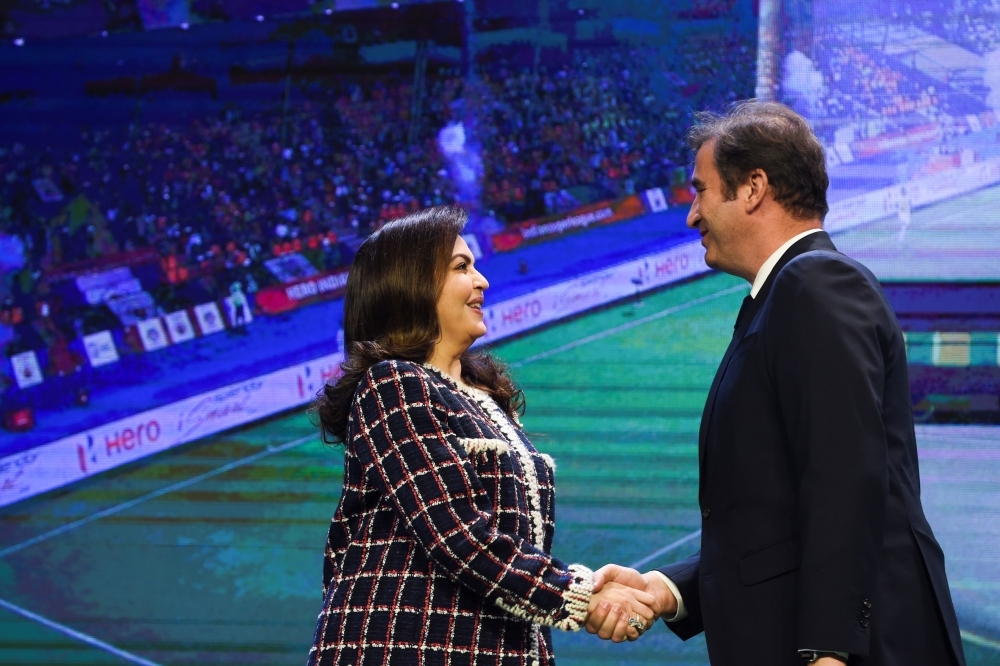 India's Football Sports Development Ltd chairperson Nita Ambani attends an event with English Premier League football club Manchester City and City Football Group (CFG) CEO Ferran Soriano (not pictured) in Mumbai on Thursday. Manchester City's parent company City Football Group announced that it had bought a majority stake in Mumbai City, expanding its global empire of teams. — AFP