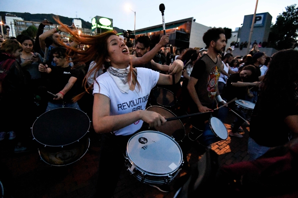 Musicians perform during a protest on the seventh consecutive day against the government of Colombian President Ivan Duque in Bogota on Thursday. — AFP