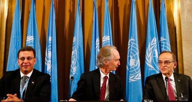 UN Special Envoy to Syria Geir Pedersen, center, co-chair Ahmad Al-Kuzbari, left, and co-chair opposition Syrian Negotiations Commission Hadi Al-Bahra attend ceremony to mark opening of a meeting of Syria constitution-writing committee in this file photo. — AFP