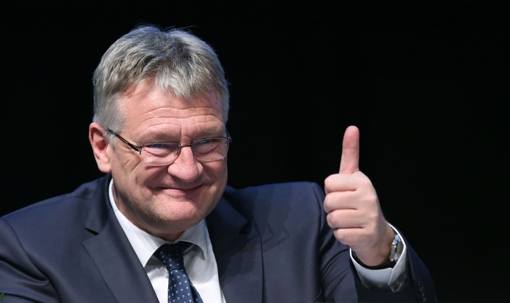 Newly elected co-chairman of the Alternative for Germany (AfD) far-right party Tino Chrupalla gestures during the congress of the party in Braunschweig, in north-central Germany on Saturday. -AFP