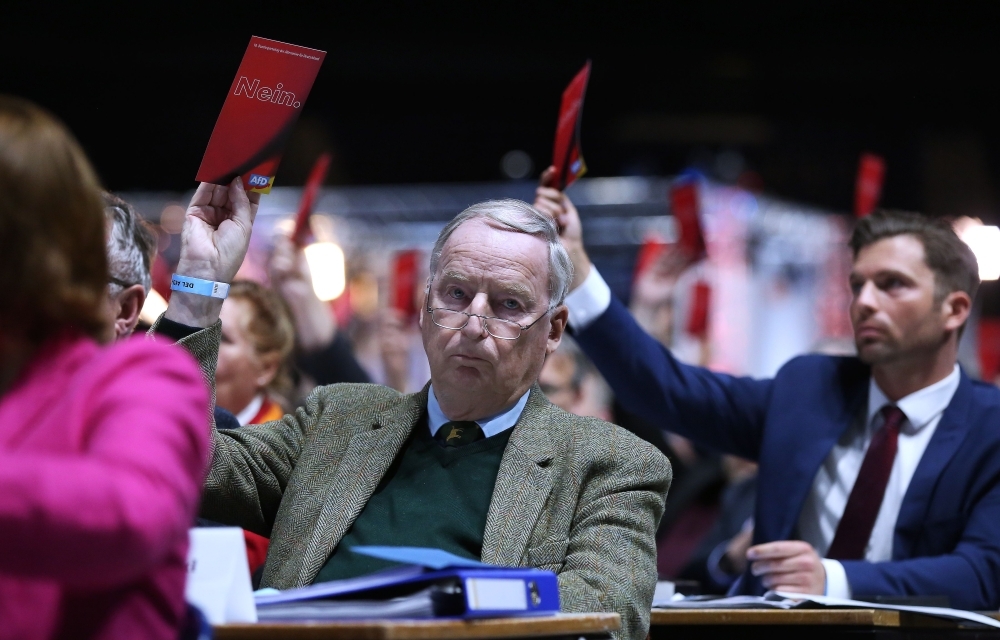 Newly elected co-chairman of the Alternative for Germany (AfD) far-right party Tino Chrupalla gestures during the congress of the party in Braunschweig, in north-central Germany on Saturday. -AFP