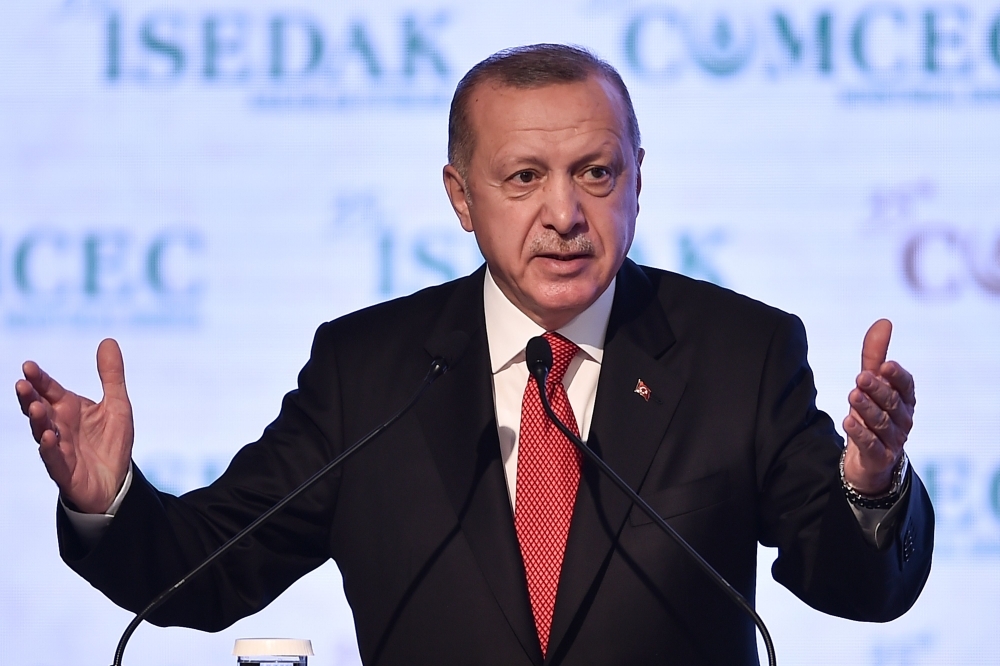 Turkish President Recep Tayyip Erdogan delivers a speech as he attends the opening ceremony of the 35th Ministerial Session of the Standing Committee for Economic and Commercial Cooperation of the Organization of Islamic Cooperation (COMCEC) in Istanbul in this Nov. 27, 2019 file photo. — AFP