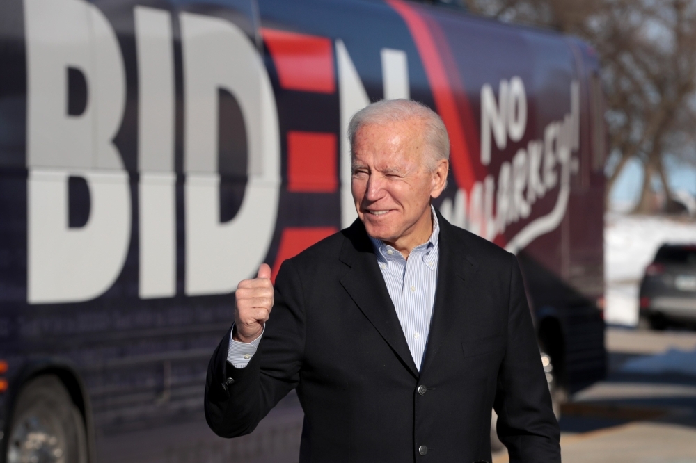 Democratic presidential candidate, former Vice President Joe Biden arrives at a campaign stop in Emmetsburg, Iowa. The stop was part of his 650-mile 