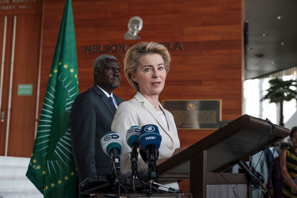 The President of the European Commission, Ursula von der Leyen, is welcomed by African Union's personnel during her visit in Addis Ababa, on Saturday. -AFP