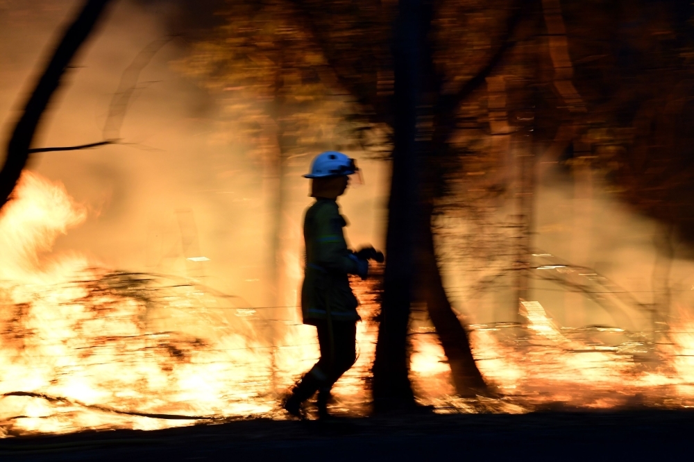  This photo taken on Saturday shows firefighters conducting back burning measures to secure residential areas from encroaching bushfires at the Mangrove area, some 90-110 kilometers north of Sydney.  -AFP