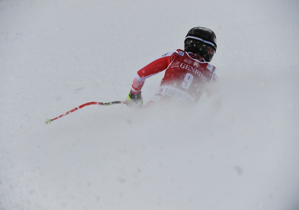 Nicole Schmidhofer of Austria races before winning the 2nd Women's Downhill final at the Lake Louise ski resort in Alberta, Canada, on Saturday. — AFP