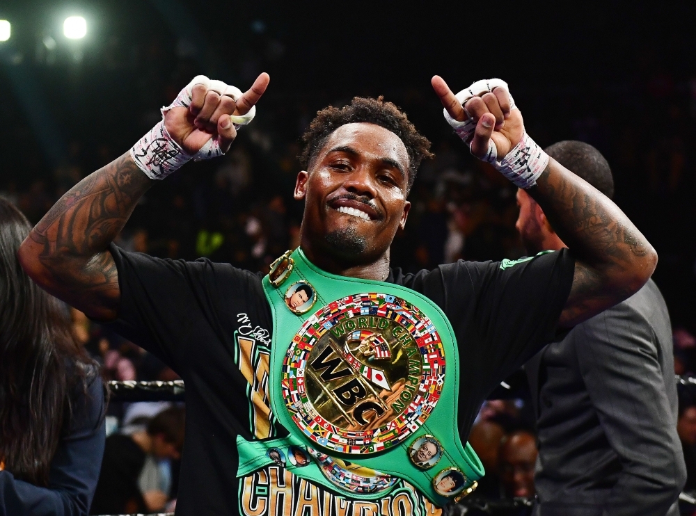 Jermall Charlo of the United States celebrates his WBC World Middleweight Championship against Dennis Hogan of Ireland at Barclays Center in the Brooklyn borough of New York City, on Saturday. — AFP