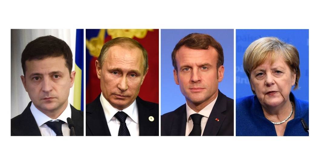 This combination of file photos created on Sunday, shows (from L) President of Ukraine Volodymyr Zelensky, Russian President Vladimir Putin, France's President Emmanuel Macron and Germany's Chancellor Angela Merkel. -AFP