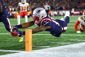 New England receiver N'Keal Harry is denied a touchdown after wrongly being ruled out of bounds in the Patriots loss to the Chiefs. — AFP