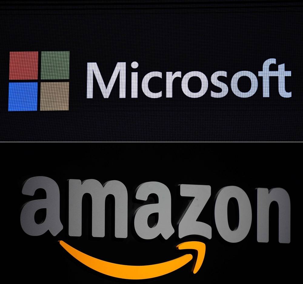 This combination of pictures created on Tuesday shows the Microsoft logo displayed during a presentation at the Mobile World Congress (MWC) in Barcelona, Spain, on February 24, 2019, and a file photo taken on Sept. 28, 2011 of the Amazon logo seen on a podium during a press conference in New York. — AFP