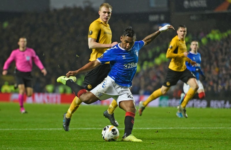 Alfredo Morelos of Rangers kicks the ball during the UEFA Europa League Group G football match between Rangers FC and BSC Young Boys at the Ibrox Stadium in Glasgow on Dec. 12, 2019. Morelos endured more red card misery on Sunday in Rangers' win over Motherwell. — AFP