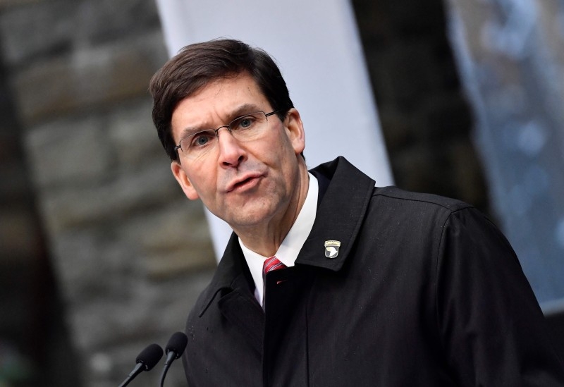 US Secretary of Defense Mark Esper delivers a speech during a ceremony as part of the commemorations of the 75th anniversary of the Battle of the Bulge, also known as the Ardennes Counteroffensive, at the Mardasson Memorial in Bastogne, Belgium, on Monday. — AFP