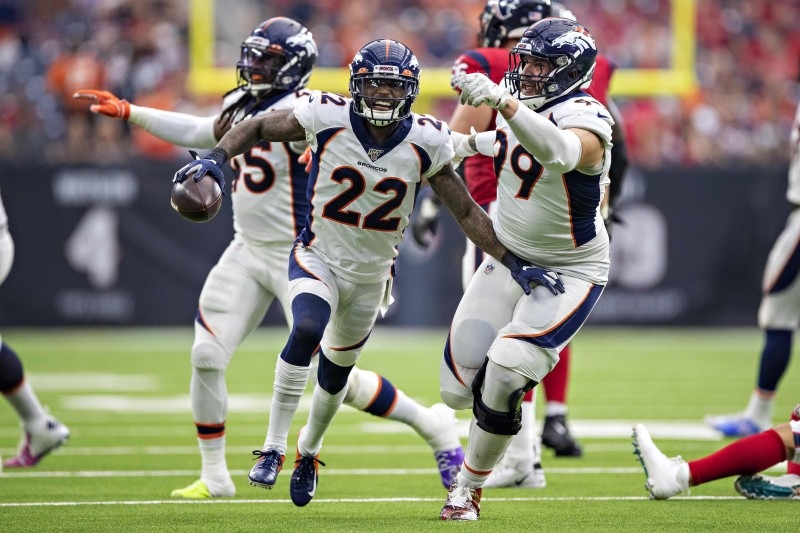 Kareem Jackson #22 of the Denver Broncos celebrates after intercepting a pass during the second half of a game against the Houston Texans at NRG Stadium in Houston, Texas, in this Dec. 07, 2019 file photo. — AFP