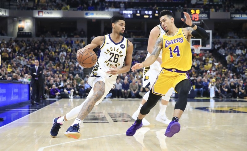 Jeremy Lamb #26 of the Indiana Pacers dribbles the ball in the 105-102 win against the Los Angeles Lakers at Bankers Life Fieldhouse in Indianapolis, Indiana, on Tuesday. — AFP