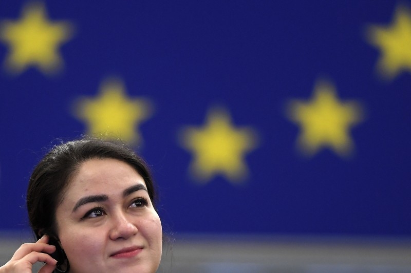 Jewher Ilham, daughter of Ilham Tohti, Uighur economist and human rights activist, looks on during the award ceremony for her father's 2019 European Parliament's Sakharov human rights prize at the European Parliament in Strasbourg, eastern France, on Wednesday. — AFP