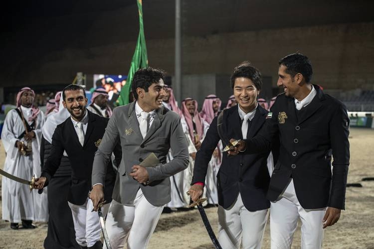 Saudi rider Abdulrahman Alrajhi performing Saudi A'rdha dance.