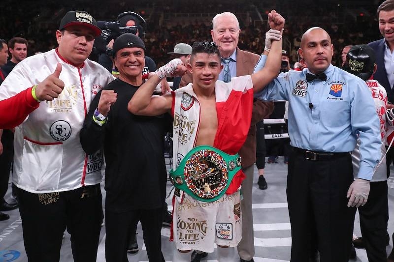 Julio Cesar Martinez Aguilar and Cristofer Rosales during their Friday Matchroom Boxing USA bout at the Talking Stick Resort Arena in Phoenix, AZ.  