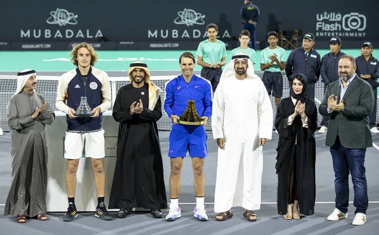 Mubadala World Tennis Champion Rafael Nadal and runner-up Stefanos Tsitsipas with their trophies.