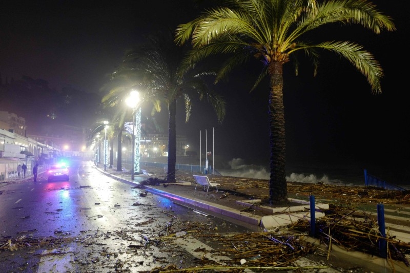 Waves hit the jetty of the port of A Guarda, northwestern Spain, during the storm Fabien, on Saturday. -AFP